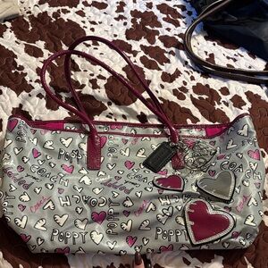 Coach Poppy Heart Print Tote in Gray and Pink